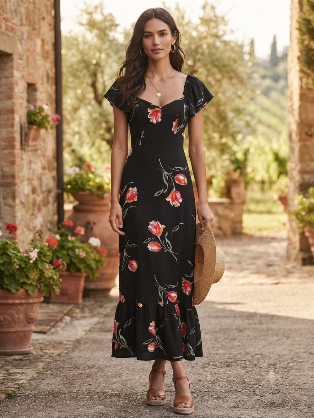 Free Press Milkmaid Glam Formal Floral Maxi Dress Size XS Black Ruffle Hem